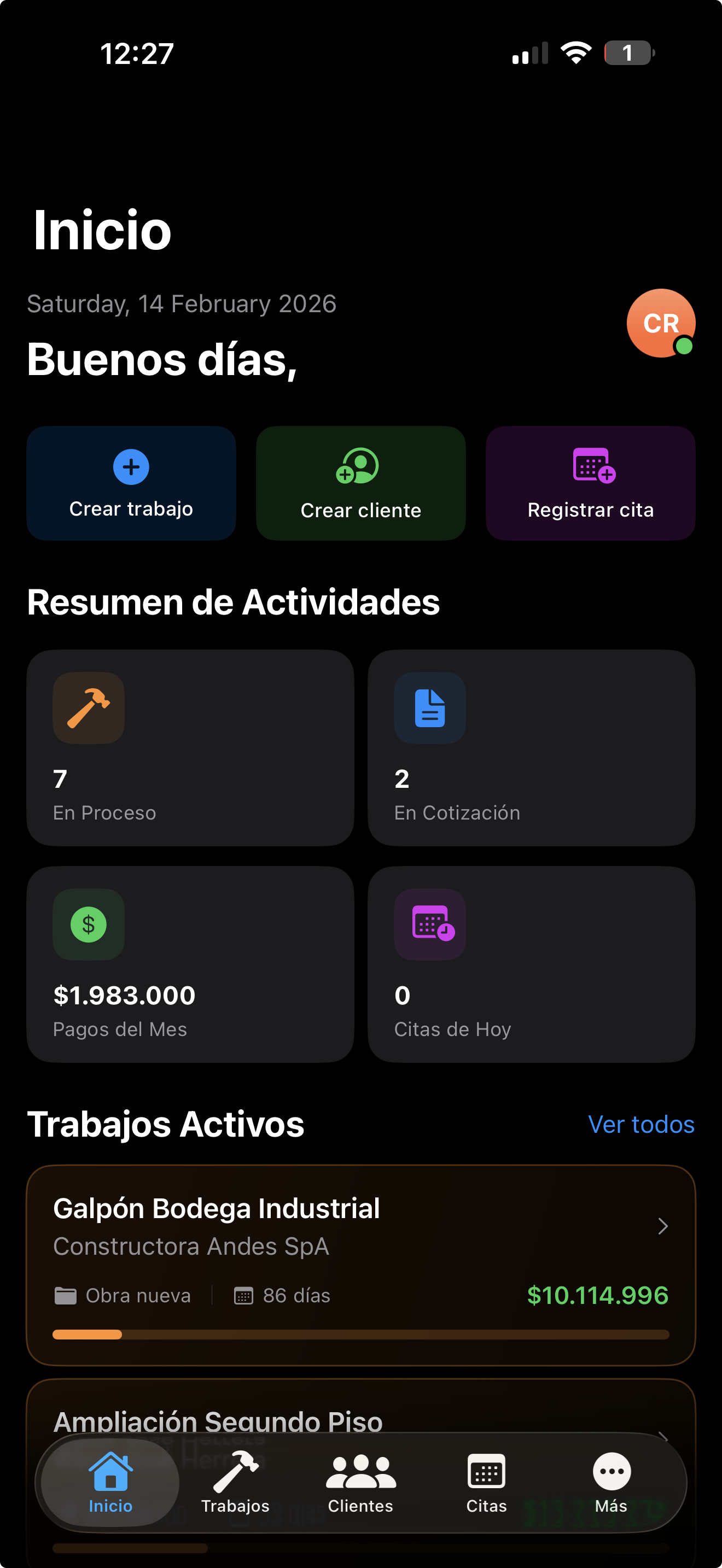 Pantalla de inicio de Obrahub