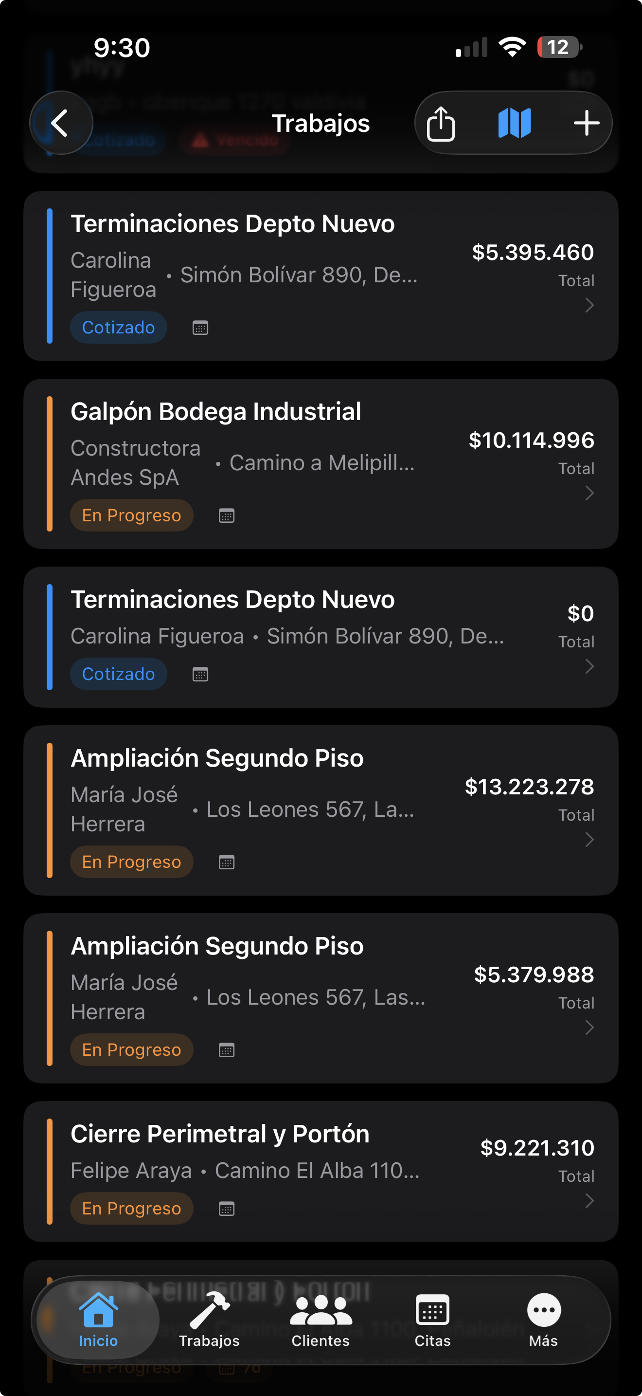 Lista de trabajos en Obrahub